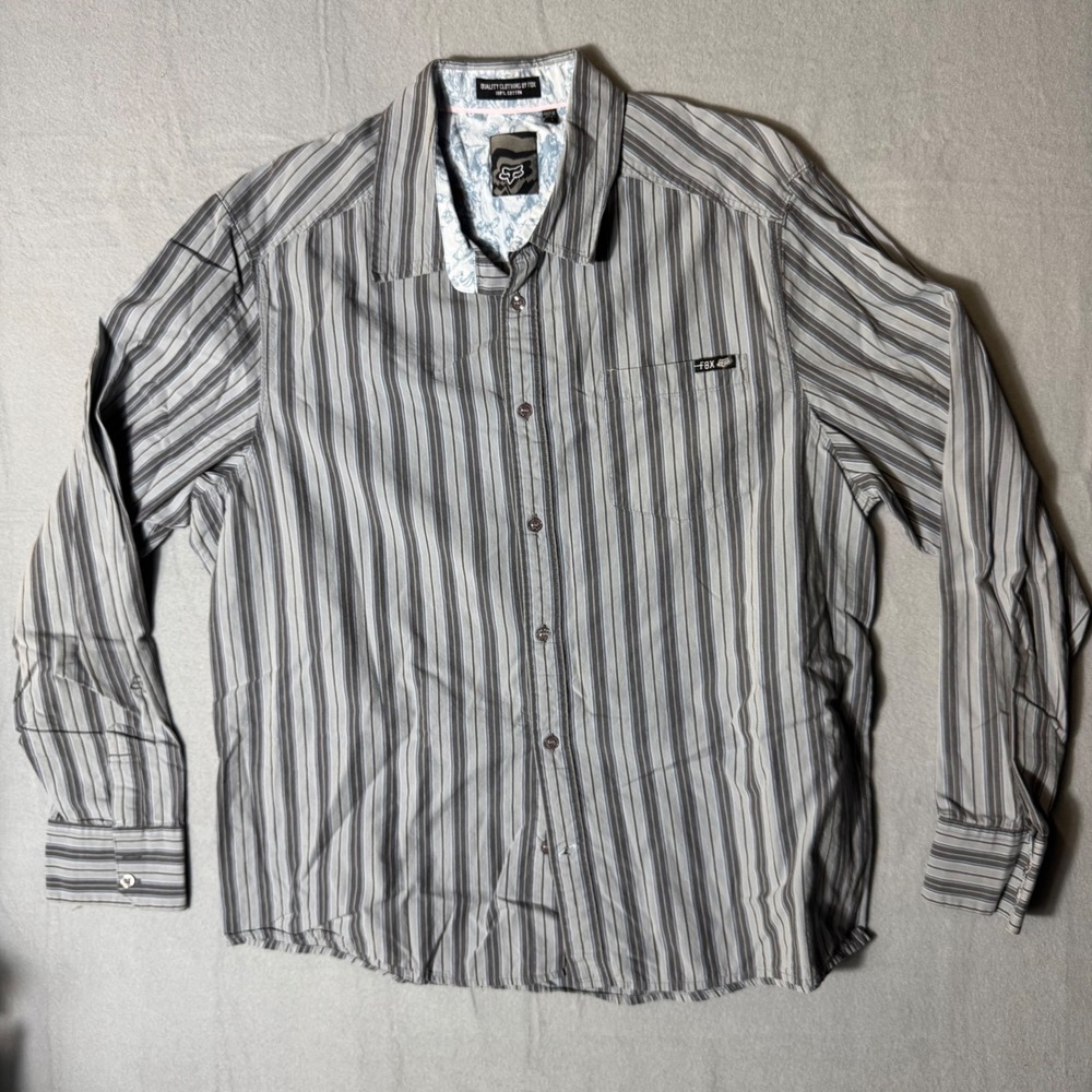 Fox Racing Mens XL Long Sleeve Button Down Shirt‎ Grey Striped Cotton